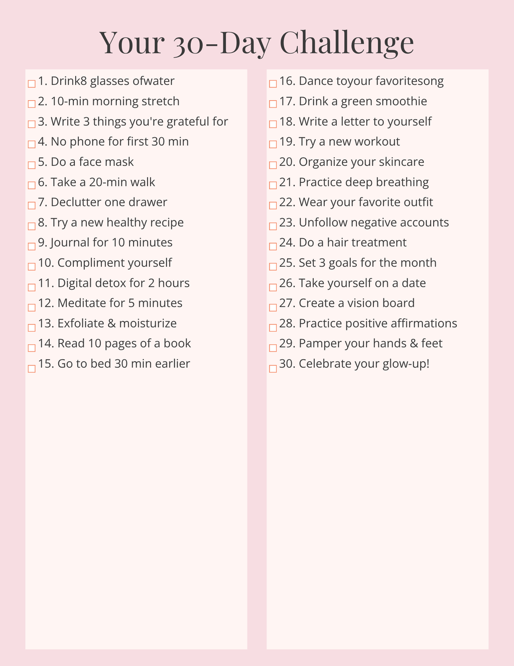 30 Day Daily Self‑Care Challenge Planner |Glasshousbyv Aesthetic Printable
