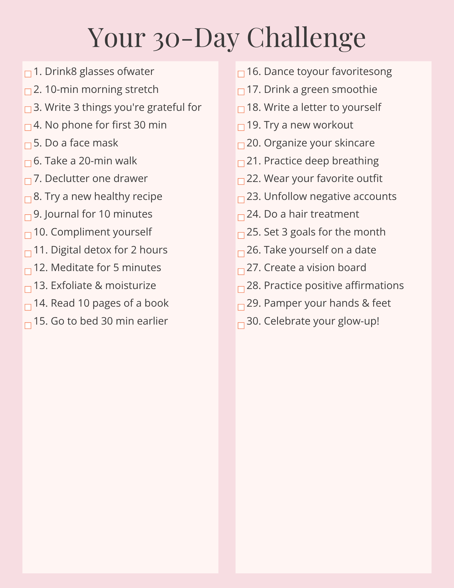 30 Day Daily Self‑Care Challenge Planner |Glasshousbyv Aesthetic Printable