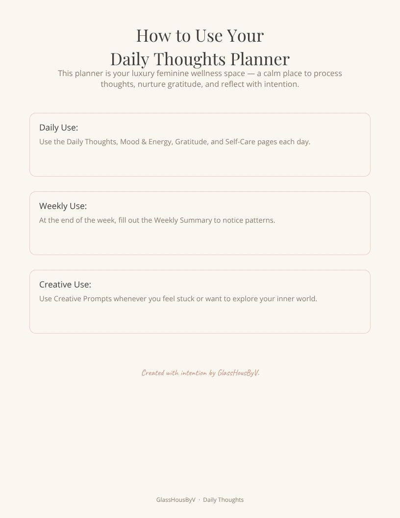 Daily Thoughts Planner — Luxury Feminine Wellness Journal | GlassHousByV
